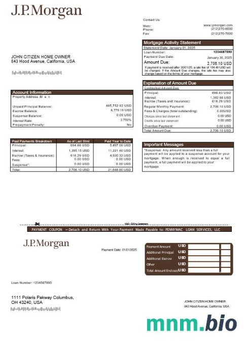 USA JP Morgan Bank wyciąg z kredytu hipotecznego w formatach Word i PDF